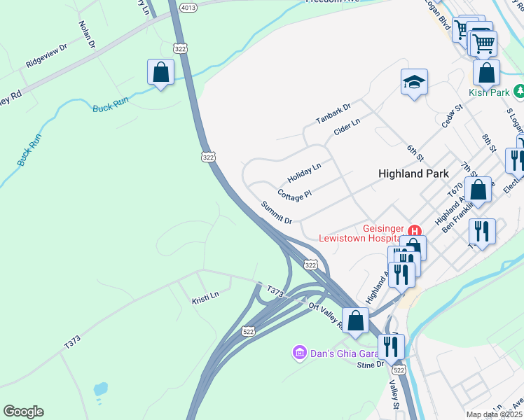 map of restaurants, bars, coffee shops, grocery stores, and more near 443 Summit Drive in Lewistown