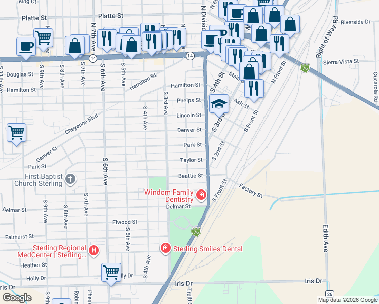 map of restaurants, bars, coffee shops, grocery stores, and more near 201 Taylor Street in Sterling
