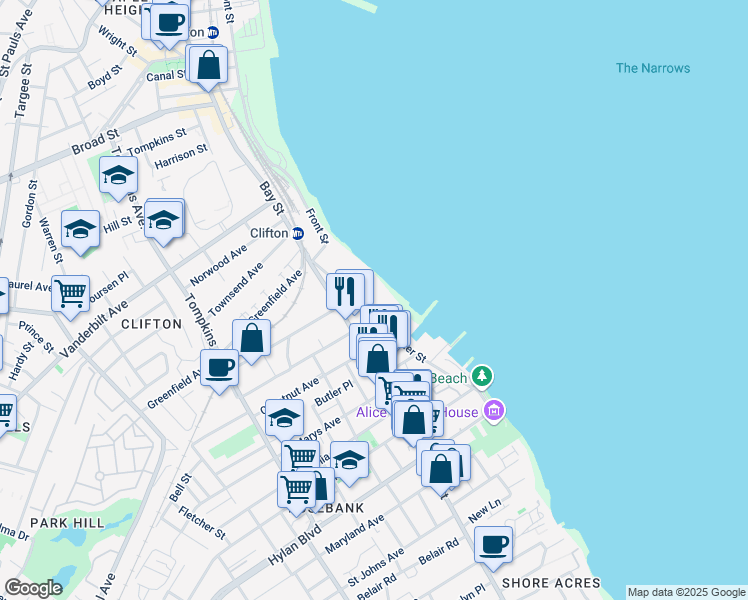 map of restaurants, bars, coffee shops, grocery stores, and more near 1 Edgewater Street in Staten Island