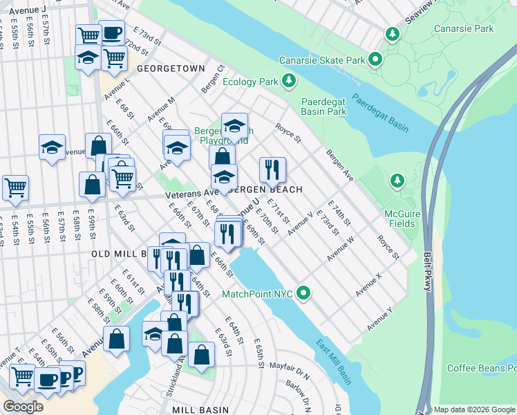 map of restaurants, bars, coffee shops, grocery stores, and more near 7002 Avenue U in Brooklyn