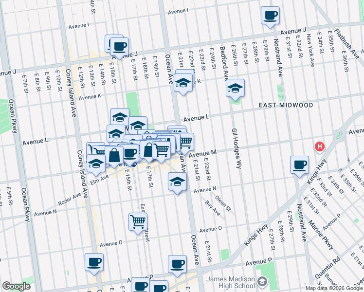 map of restaurants, bars, coffee shops, grocery stores, and more near Ocean Avenue in Brooklyn