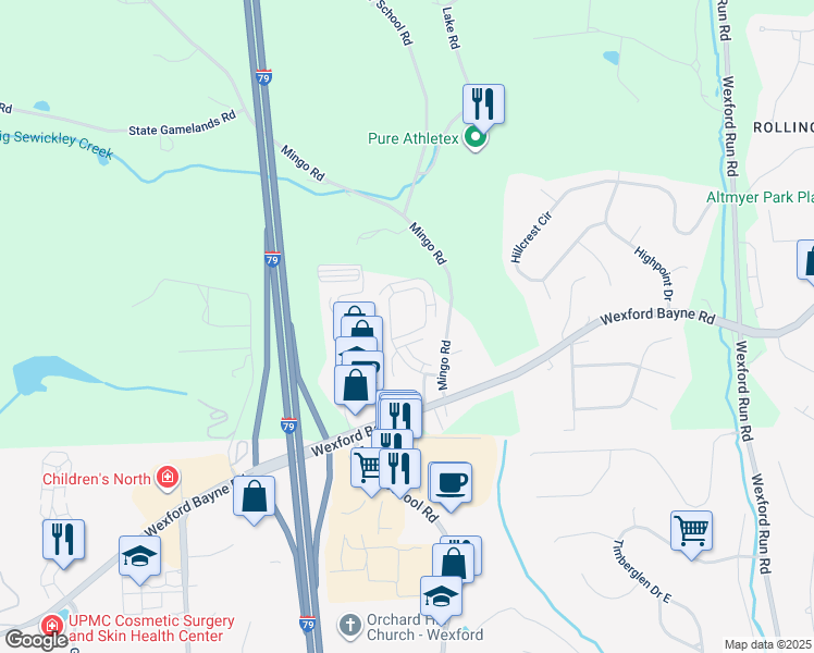 map of restaurants, bars, coffee shops, grocery stores, and more near 380 Marshall Heights Drive in Wexford
