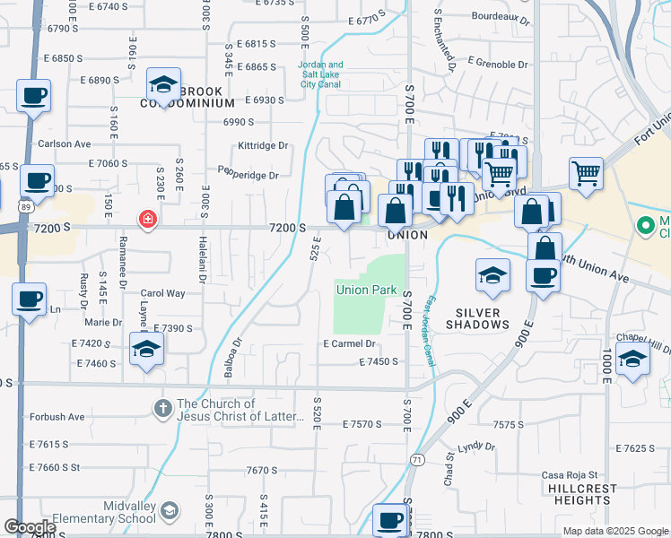map of restaurants, bars, coffee shops, grocery stores, and more near 7255 South 525 East in Midvale