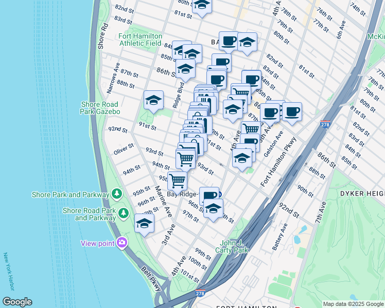 map of restaurants, bars, coffee shops, grocery stores, and more near 9204 3rd Avenue in Brooklyn