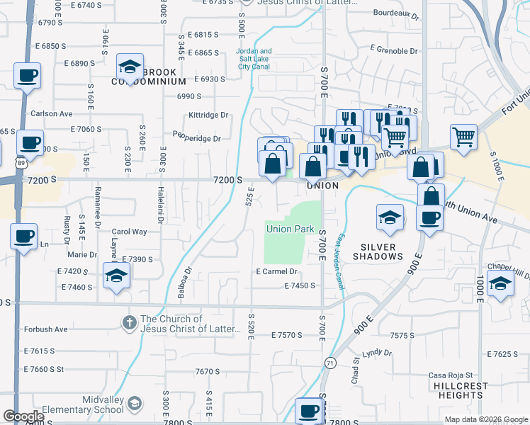 map of restaurants, bars, coffee shops, grocery stores, and more near 7255 South 525 East in Midvale