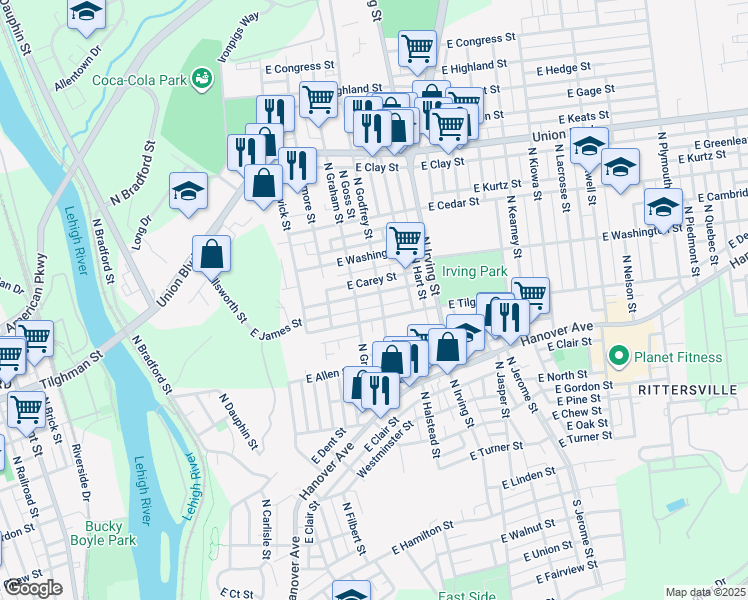 map of restaurants, bars, coffee shops, grocery stores, and more near 750 East Green Street in Allentown