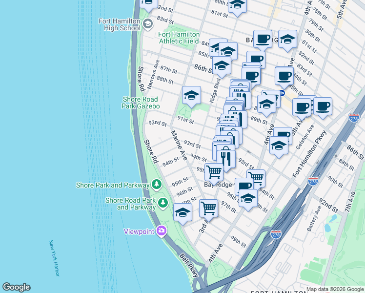 map of restaurants, bars, coffee shops, grocery stores, and more near 47 Marine Avenue in Brooklyn