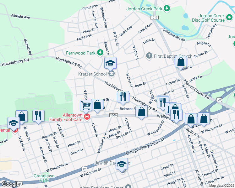 map of restaurants, bars, coffee shops, grocery stores, and more near 1676 Whitehall Avenue in Allentown