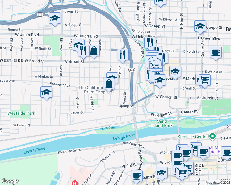 map of restaurants, bars, coffee shops, grocery stores, and more near 415 2nd Avenue in Bethlehem
