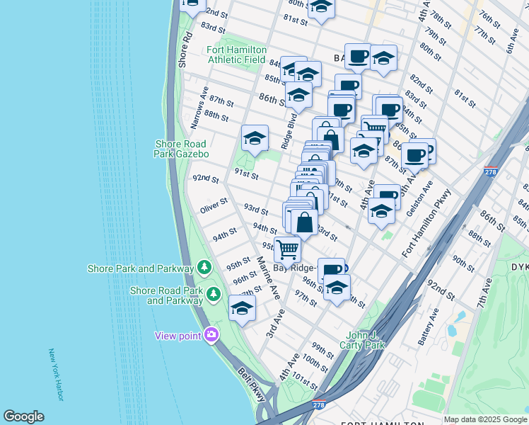 map of restaurants, bars, coffee shops, grocery stores, and more near Ridge Boulevard & 93rd Street in Brooklyn
