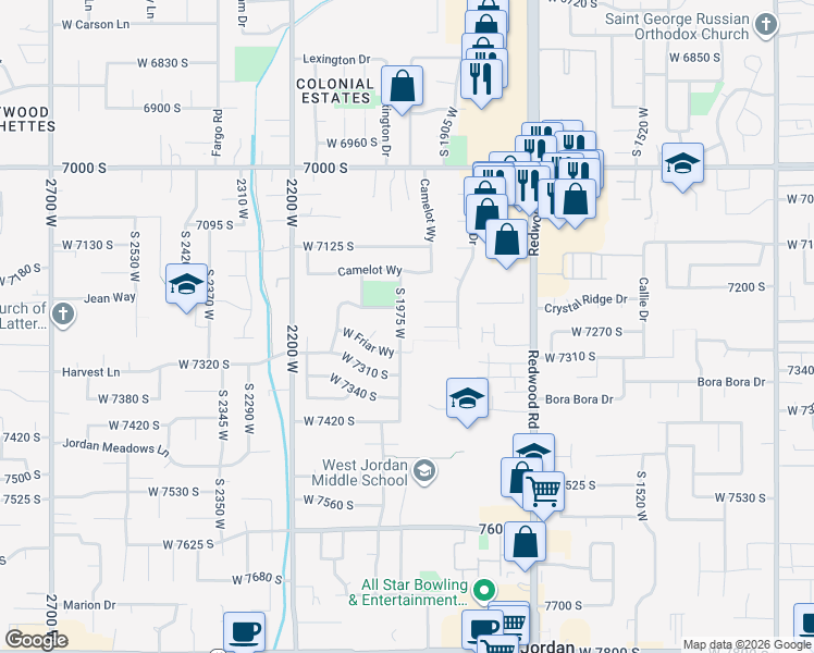 map of restaurants, bars, coffee shops, grocery stores, and more near 7265 S 1975 W in West Jordan