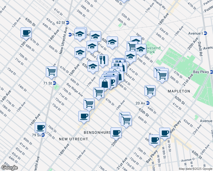 map of restaurants, bars, coffee shops, grocery stores, and more near 1762 64th Street in Brooklyn