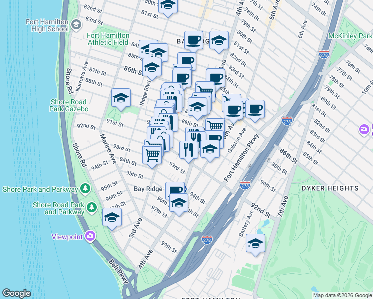 map of restaurants, bars, coffee shops, grocery stores, and more near 345 91st Street in Brooklyn