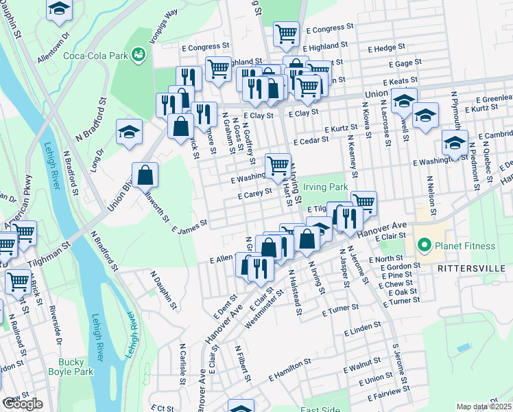 map of restaurants, bars, coffee shops, grocery stores, and more near 750 East Green Street in Allentown