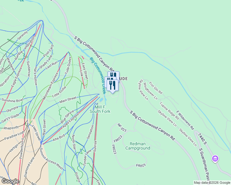 map of restaurants, bars, coffee shops, grocery stores, and more near 12000 Big Cottonwood Canyon Road in Solitude