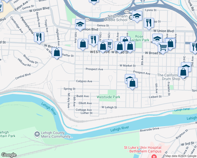 map of restaurants, bars, coffee shops, grocery stores, and more near 335 13th Avenue in Bethlehem
