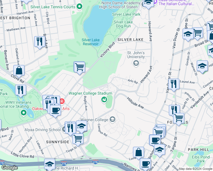 map of restaurants, bars, coffee shops, grocery stores, and more near 164 Arlo Road in Staten Island