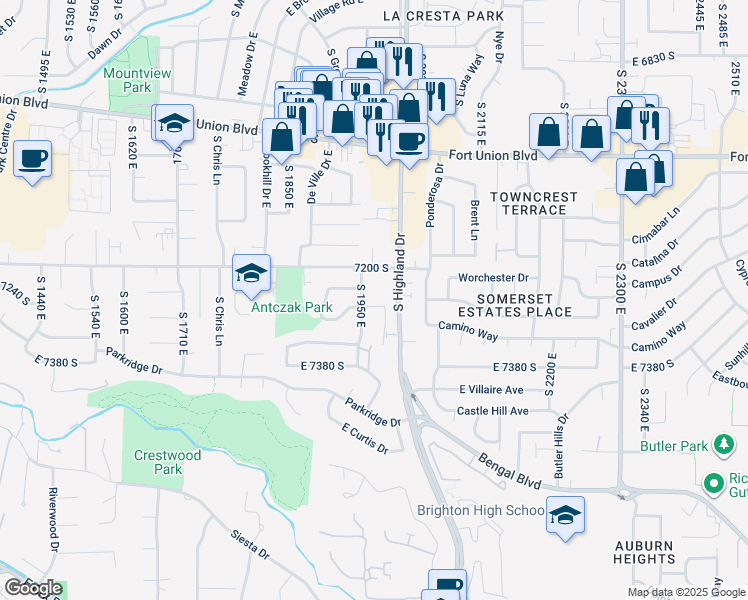 map of restaurants, bars, coffee shops, grocery stores, and more near 7223 South 1950 East in Cottonwood Heights