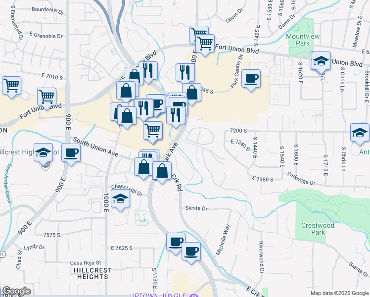 map of restaurants, bars, coffee shops, grocery stores, and more near 7206 Union Park Avenue in Midvale