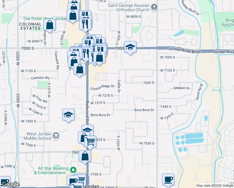 map of restaurants, bars, coffee shops, grocery stores, and more near 7226 Callie Drive in West Jordan