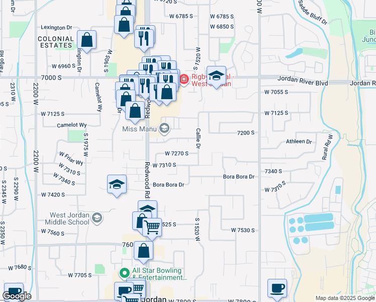map of restaurants, bars, coffee shops, grocery stores, and more near 7223 Charisse Circle in West Jordan