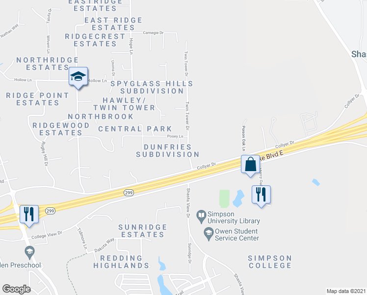 map of restaurants, bars, coffee shops, grocery stores, and more near 19493 Posey Lane in Redding