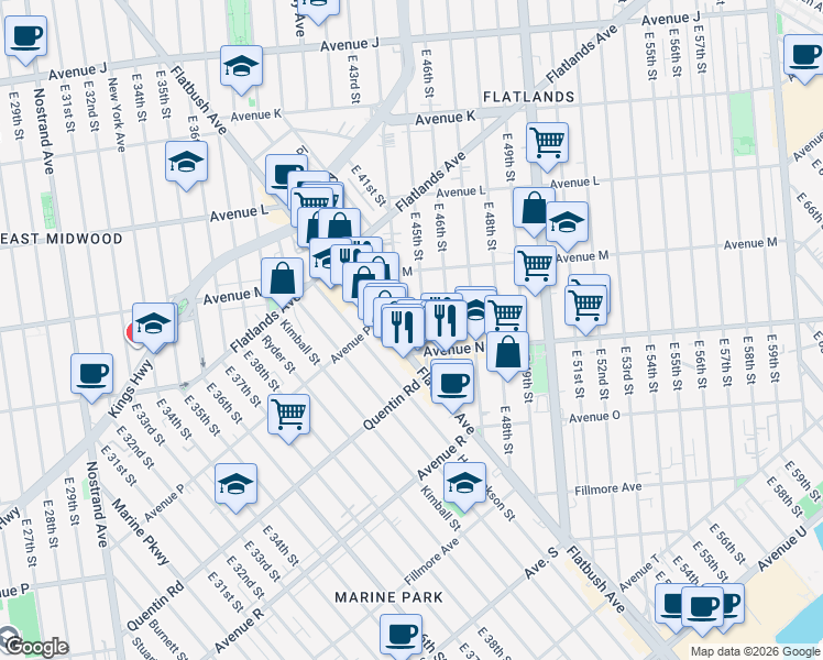 map of restaurants, bars, coffee shops, grocery stores, and more near 1664 East 45th Street in Brooklyn