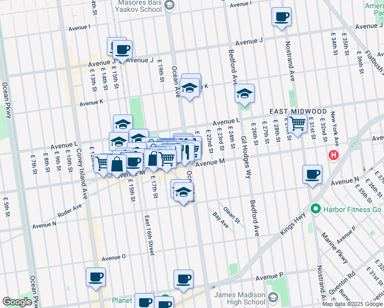 map of restaurants, bars, coffee shops, grocery stores, and more near 1362 East 21st Street in Brooklyn