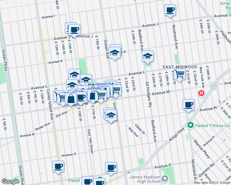 map of restaurants, bars, coffee shops, grocery stores, and more near 1362 East 21st Street in Brooklyn