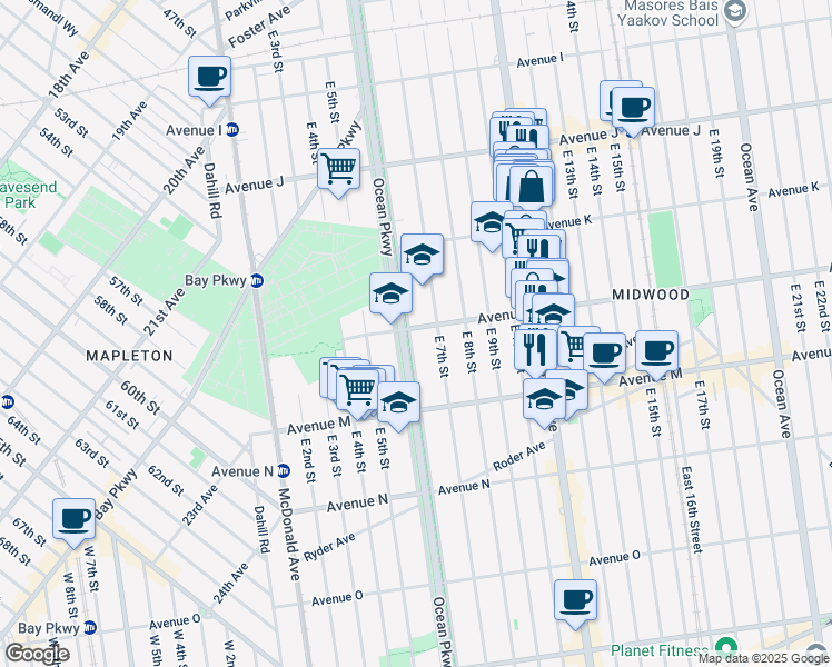 map of restaurants, bars, coffee shops, grocery stores, and more near 1187 Ocean Parkway in Brooklyn