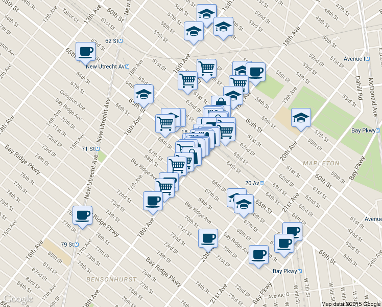 map of restaurants, bars, coffee shops, grocery stores, and more near 1762 64th Street in Brooklyn