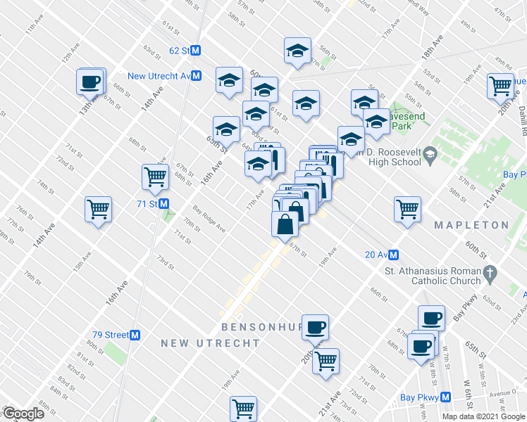 map of restaurants, bars, coffee shops, grocery stores, and more near 1724 65th Street in Brooklyn