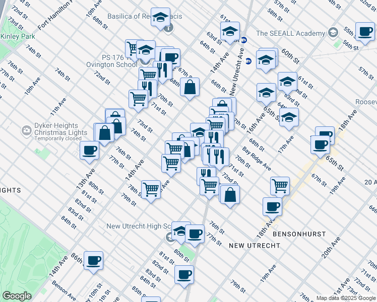 map of restaurants, bars, coffee shops, grocery stores, and more near 7102 15th Avenue in Brooklyn