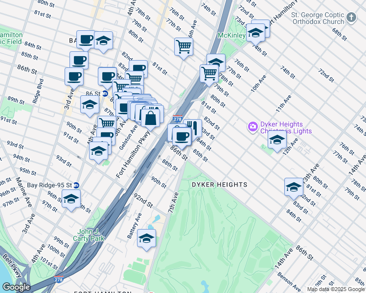 map of restaurants, bars, coffee shops, grocery stores, and more near 661 85th Street in Brooklyn
