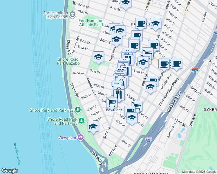 map of restaurants, bars, coffee shops, grocery stores, and more near 173 92nd Street in Brooklyn