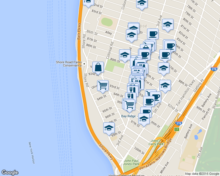map of restaurants, bars, coffee shops, grocery stores, and more near 142 92nd Street in Brooklyn