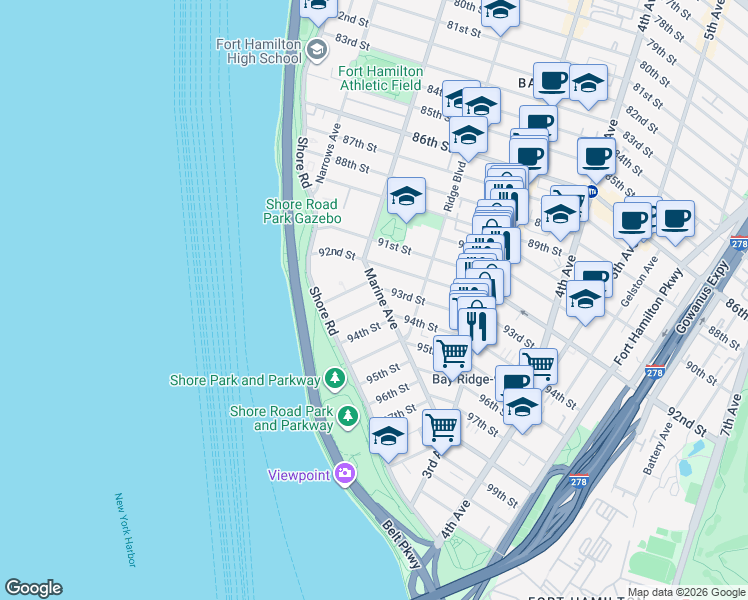 map of restaurants, bars, coffee shops, grocery stores, and more near 142 92nd Street in Brooklyn