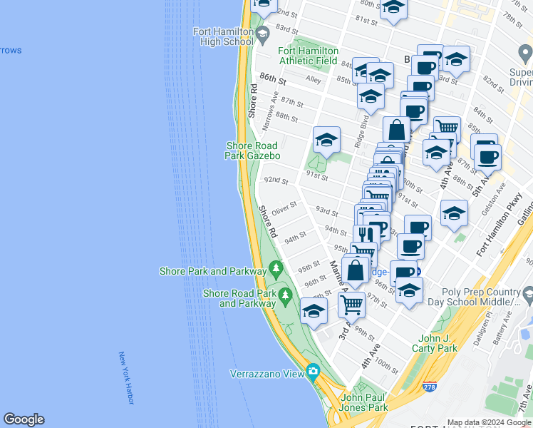 map of restaurants, bars, coffee shops, grocery stores, and more near 9229 Shore Road in Brooklyn