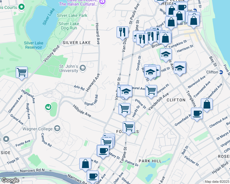 map of restaurants, bars, coffee shops, grocery stores, and more near 24 Oakland Terrace in Staten Island