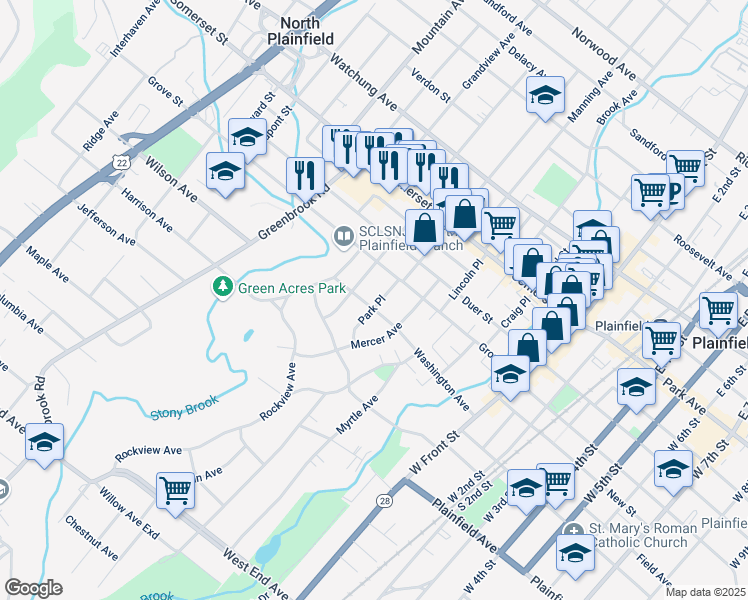 map of restaurants, bars, coffee shops, grocery stores, and more near 77 Linden Avenue in North Plainfield