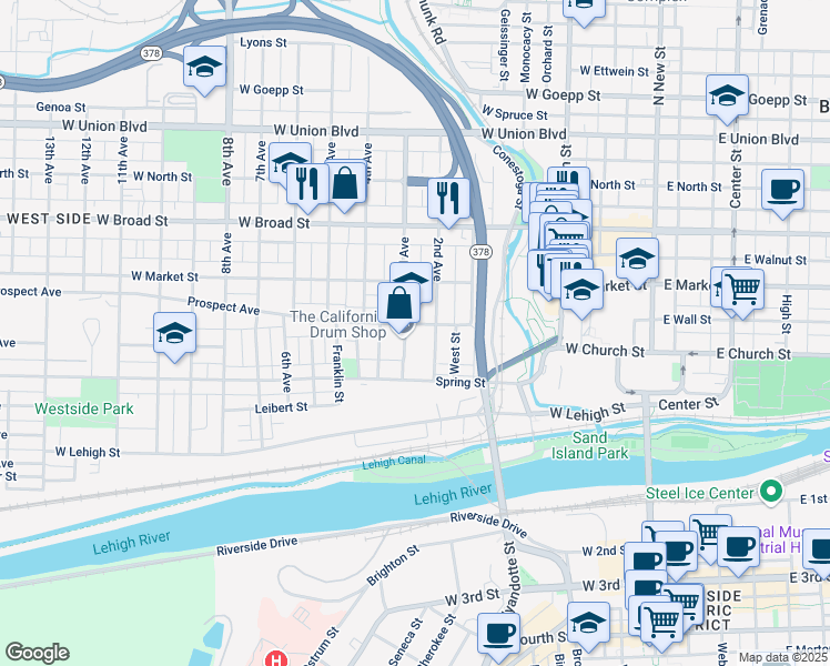 map of restaurants, bars, coffee shops, grocery stores, and more near 415 2nd Avenue in Bethlehem