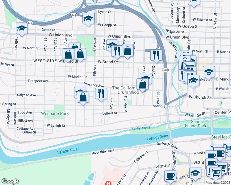 map of restaurants, bars, coffee shops, grocery stores, and more near 610 Prospect Avenue in Bethlehem