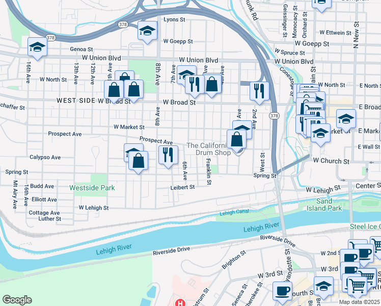 map of restaurants, bars, coffee shops, grocery stores, and more near 610 Prospect Avenue in Bethlehem