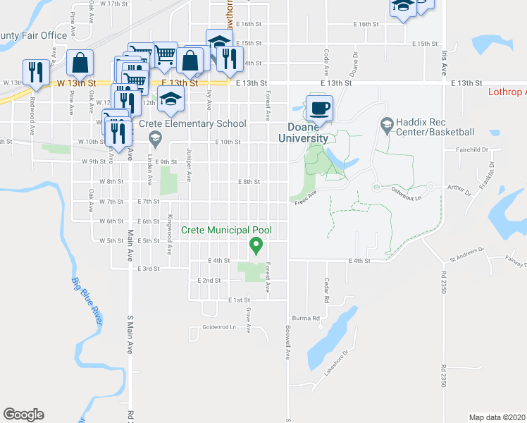 map of restaurants, bars, coffee shops, grocery stores, and more near 706 Grove Avenue in Crete