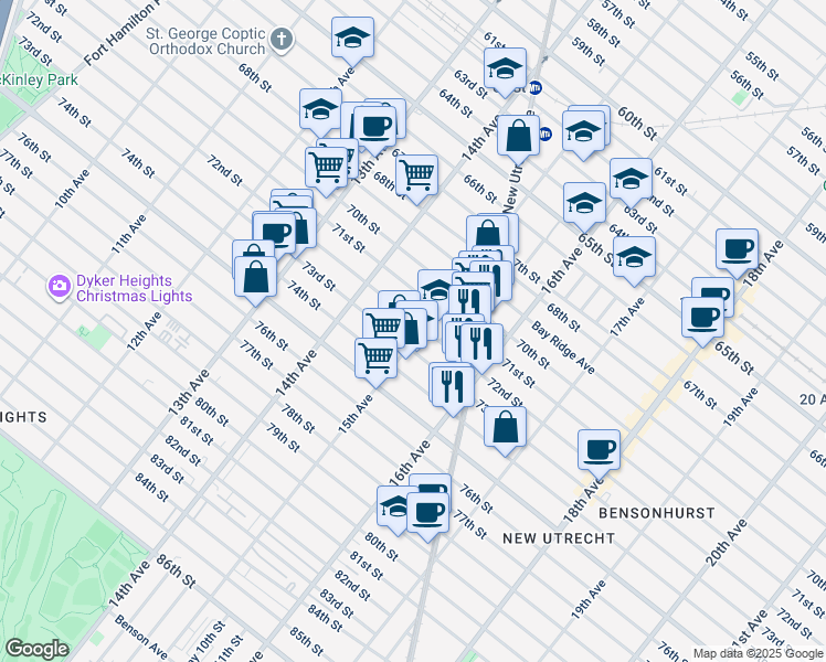 map of restaurants, bars, coffee shops, grocery stores, and more near 1478 72nd Street in Brooklyn