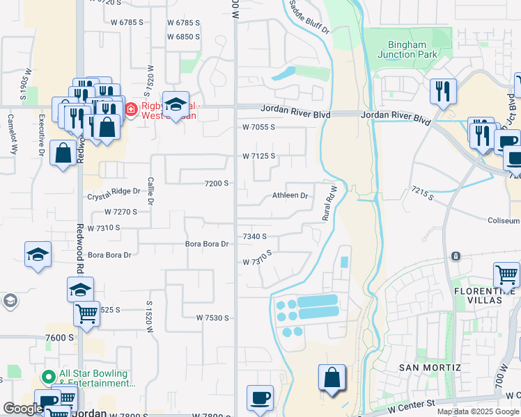 map of restaurants, bars, coffee shops, grocery stores, and more near 1235 Athleen Drive in West Jordan
