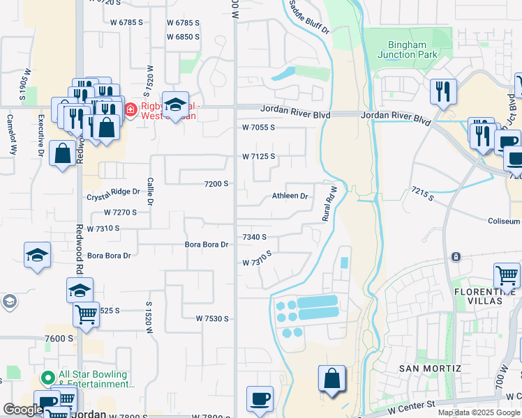 map of restaurants, bars, coffee shops, grocery stores, and more near 1235 Athleen Drive in West Jordan