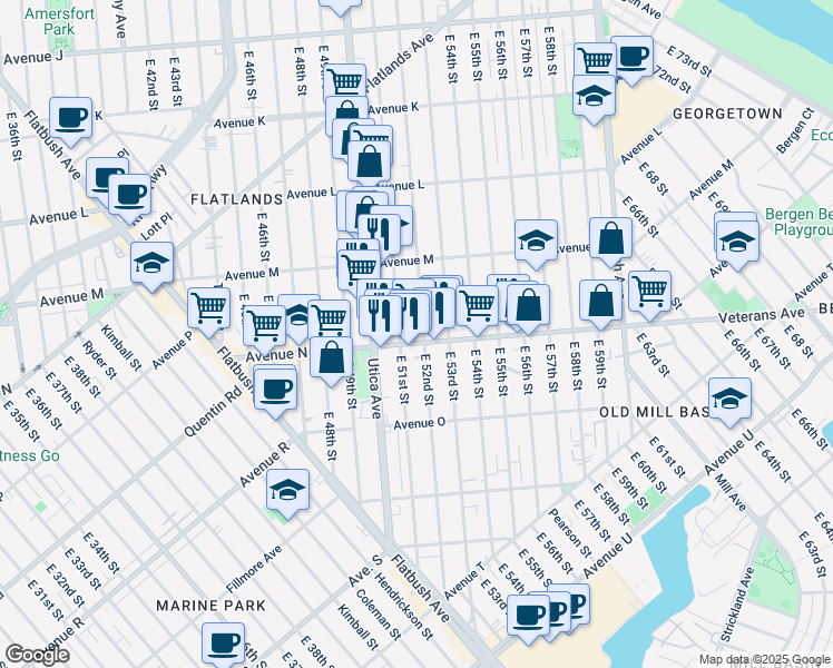 map of restaurants, bars, coffee shops, grocery stores, and more near 5101 Avenue N in Brooklyn
