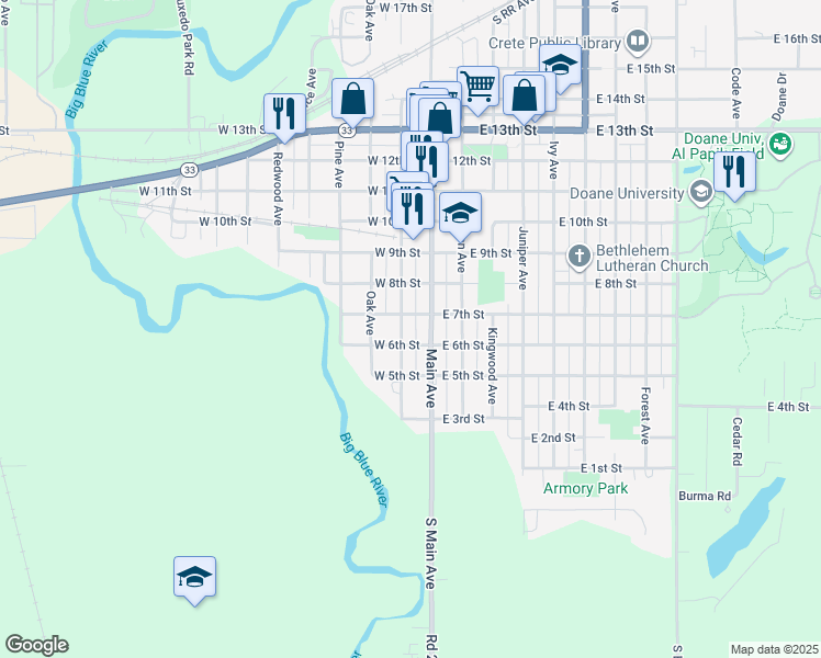 map of restaurants, bars, coffee shops, grocery stores, and more near 707 Norman Avenue in Crete