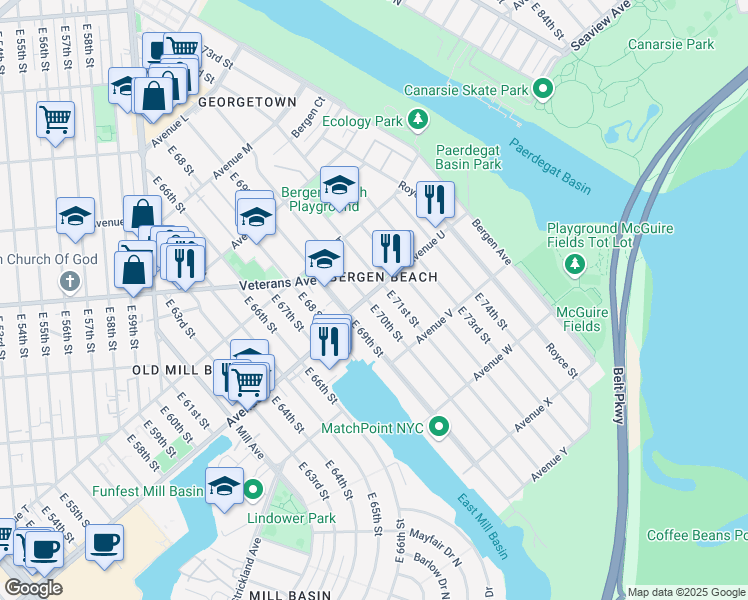 map of restaurants, bars, coffee shops, grocery stores, and more near 7004 Avenue U in Brooklyn